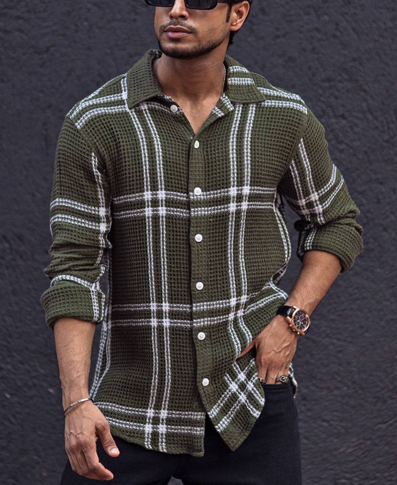 Green and White Striped Waffle Structured Regular fit Full Sleeves Shirt Buy @ ₹699