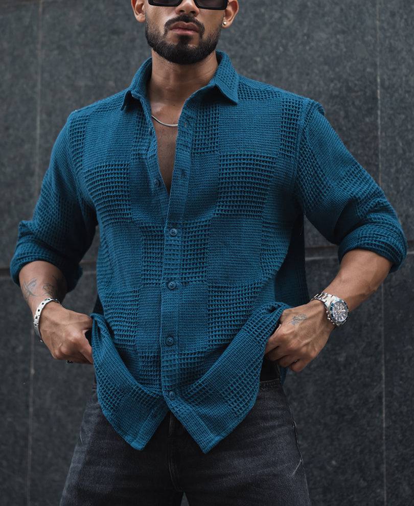 Teal Blue Waffle Structure Regular Fit Full Sleeves Shirt Buy @ ₹999