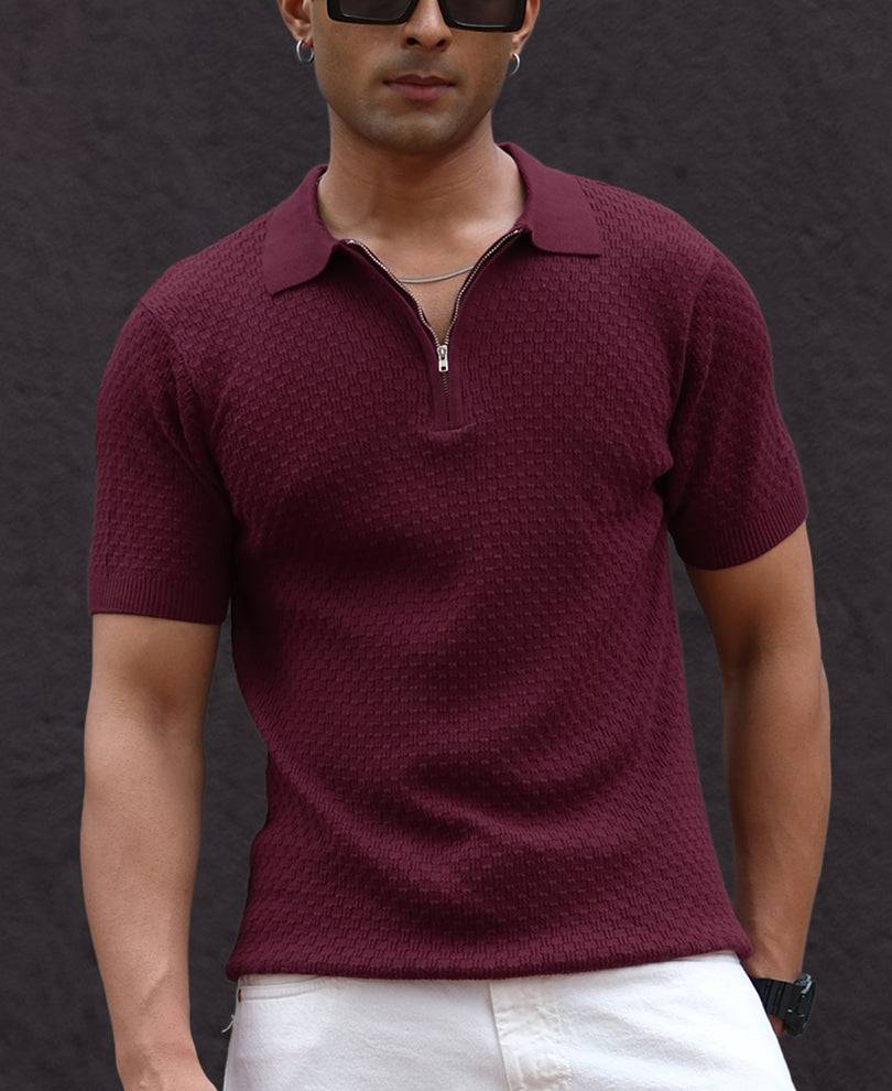 Wine Knitted Regular Fit Half Sleeves T-Shirt Buy @ ₹899
