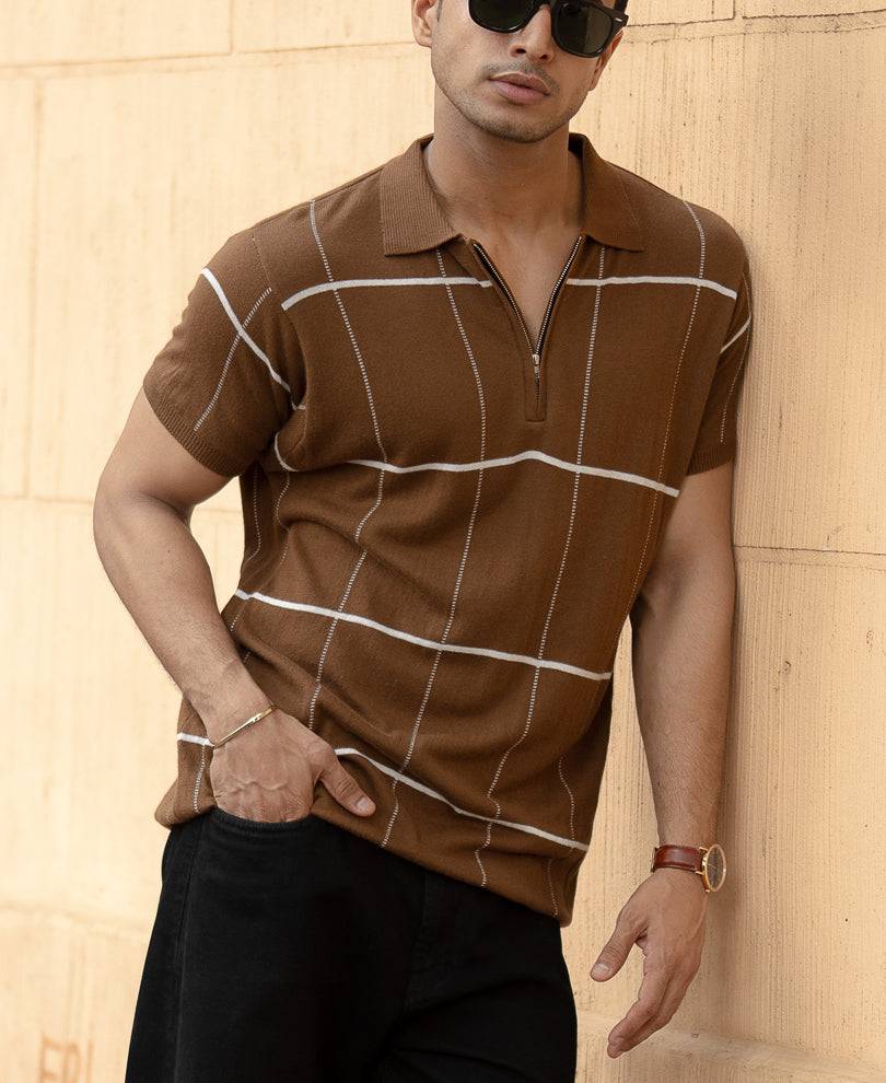 Brown Knitted Checks T-Shirt Buy @ ₹799