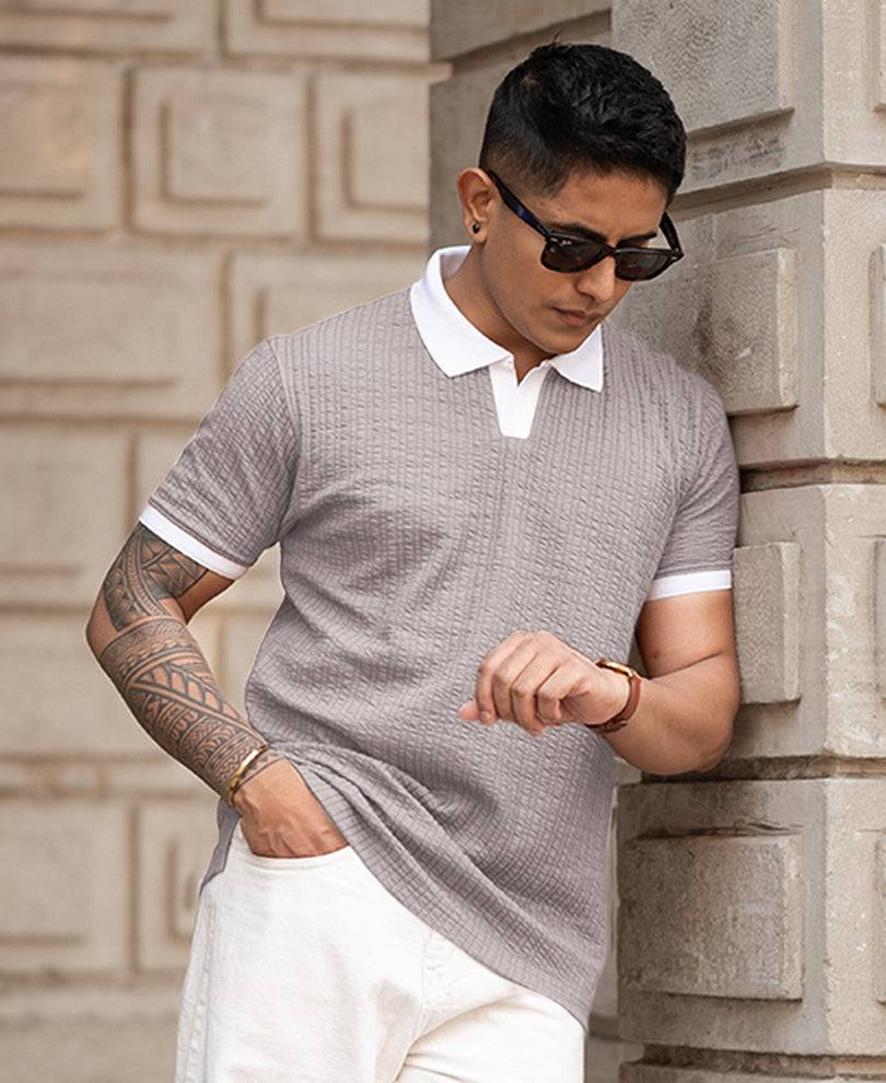 Grey Contrast Collar Polo T-Shirt Buy @ ₹499