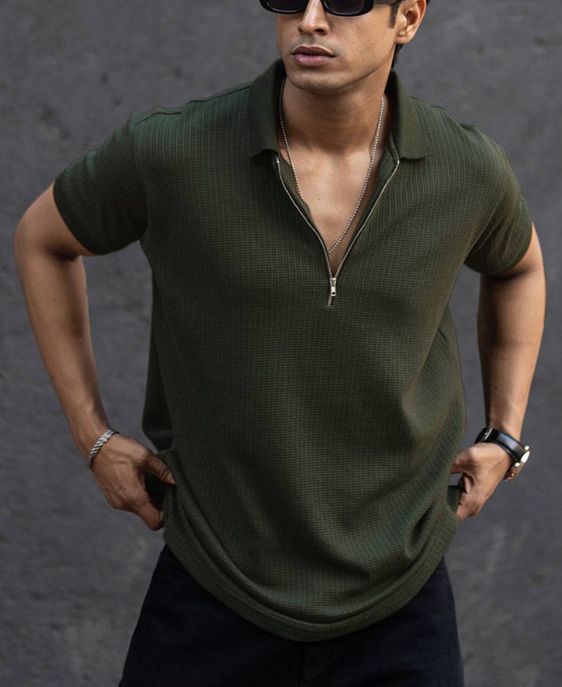 Dark Green Structured Half Sleeves Zipper T Shirt Buy @ ₹799
