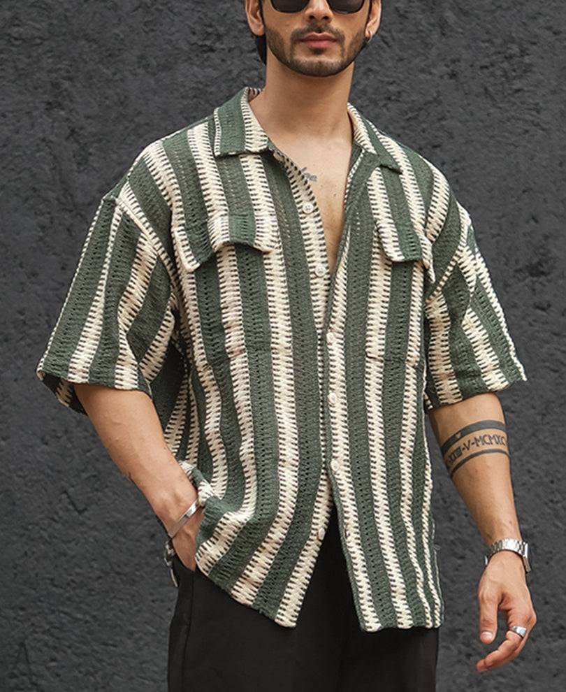 Green and Off White Crochet Striped Oversized Half Sleeves Shirt Buy @ ₹999