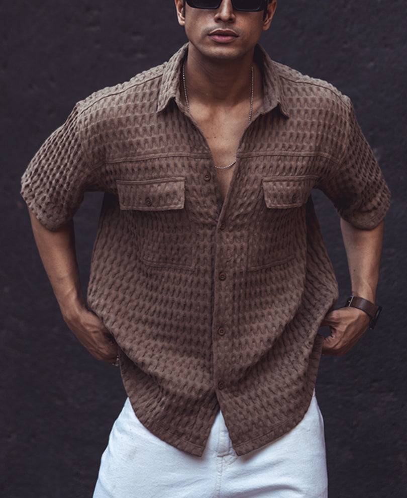 Brown Structured Oversized Double Pocket Half Sleeves Shirt Buy @ ₹499