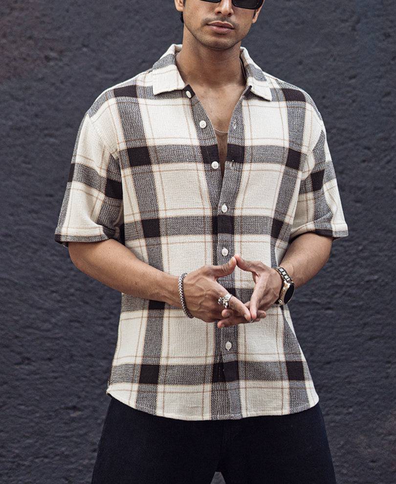 Off White and Brown Structured Oversized Checked Shirt Buy @ ₹999