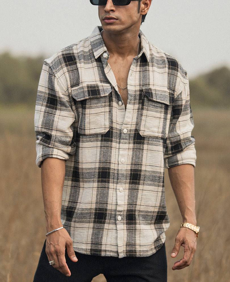 Cream Checked Structured Oversize Drop Shoulder Shirt Buy @ ₹799