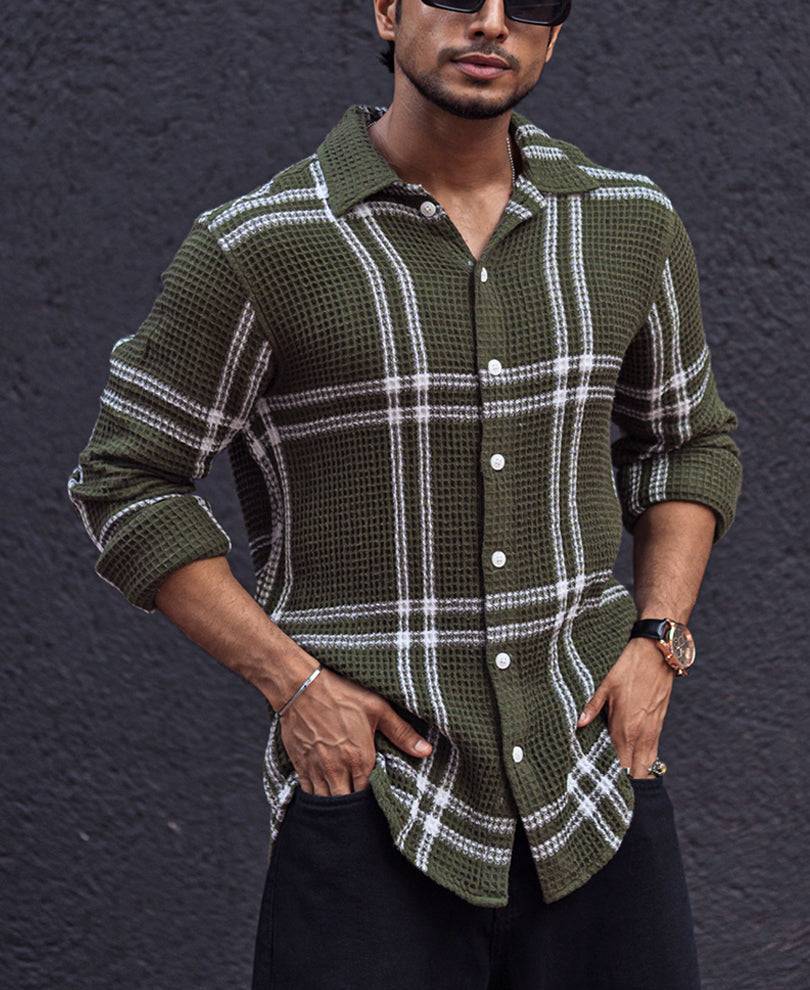 Green and White Striped Waffle Structured Regular fit Full Sleeves Shirt Buy @ ₹699