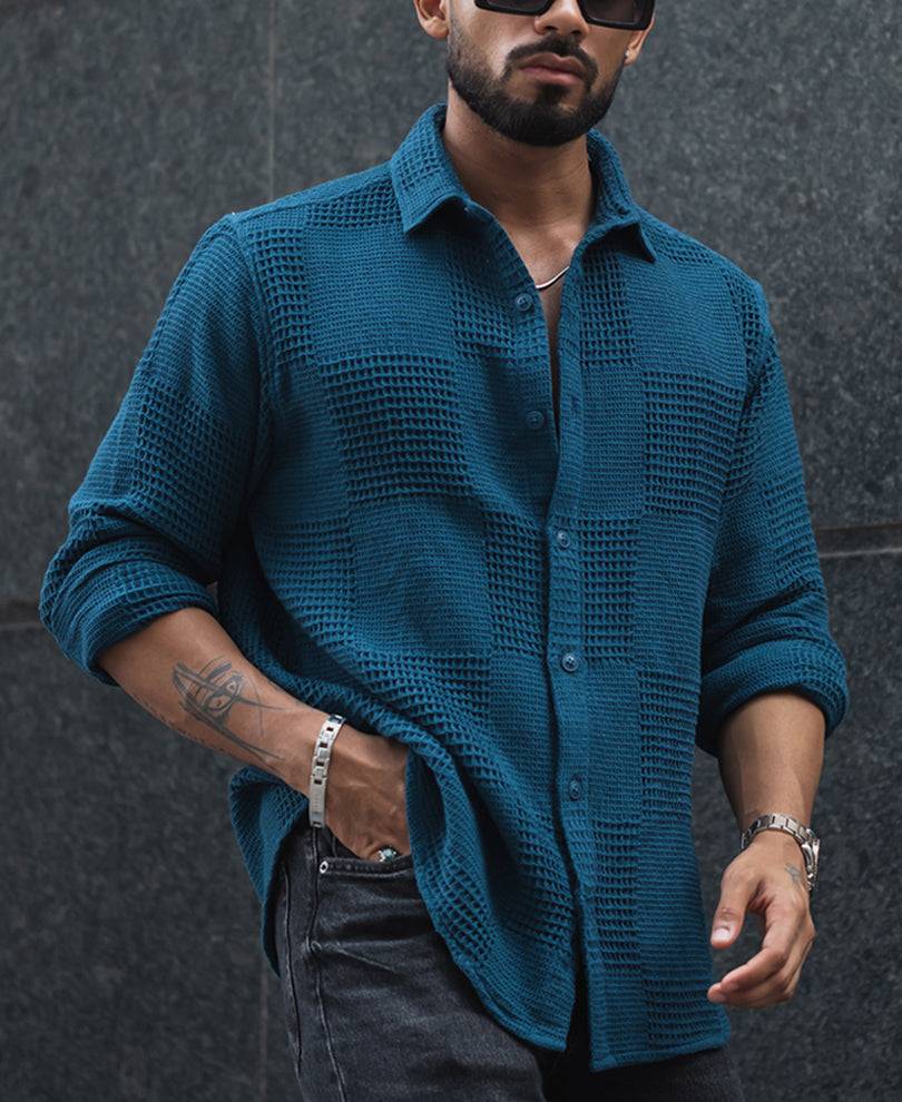 Teal Blue Waffle Structure Regular Fit Full Sleeves Shirt Buy @ ₹999
