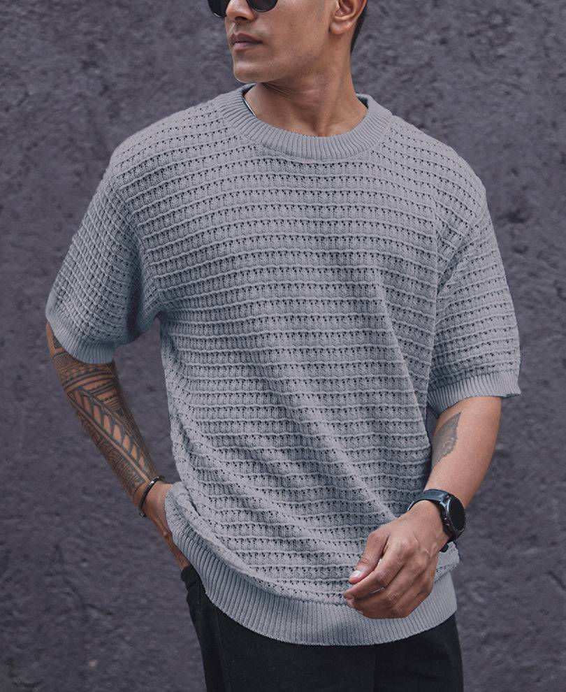 Light Grey Crochet Oversized Half Sleeves T Shirt Buy @ ₹499