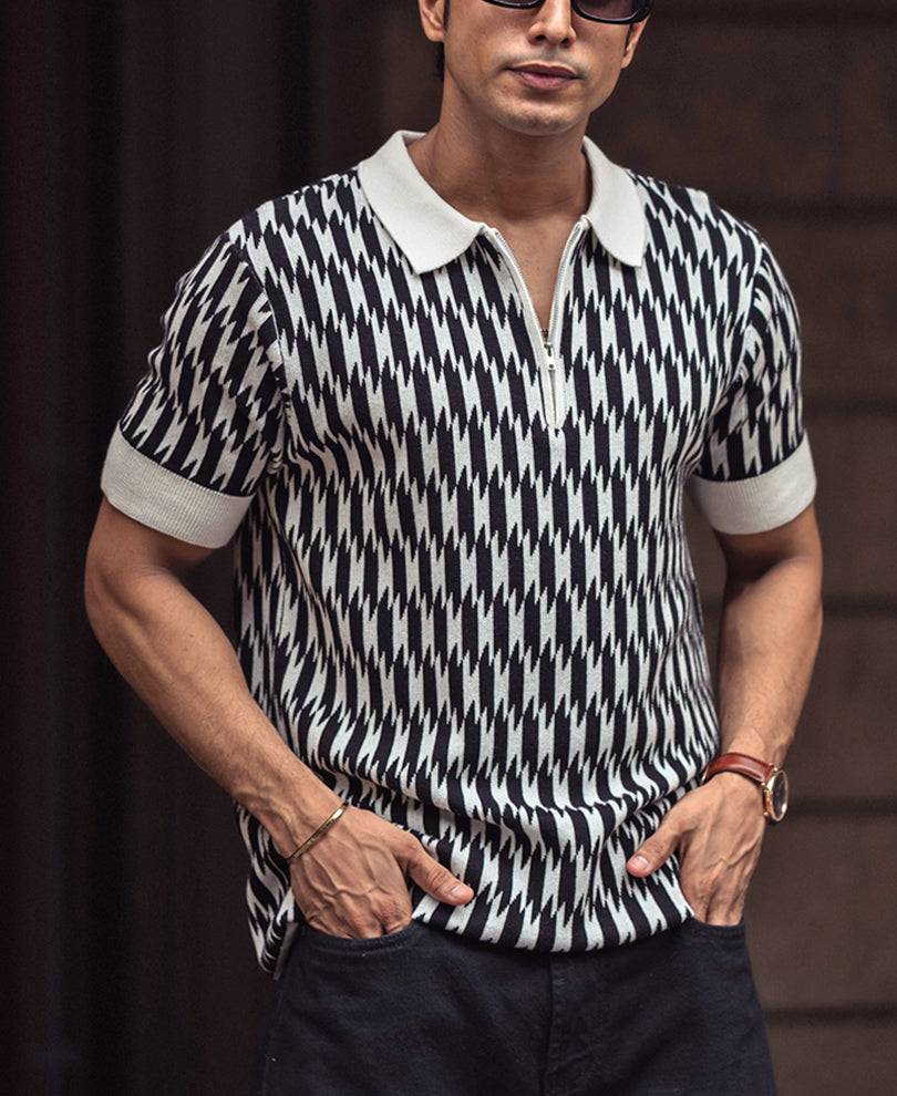 White and Black Knitted Regular Fit Half Sleeves Zipper T Shirt Buy @ ₹799