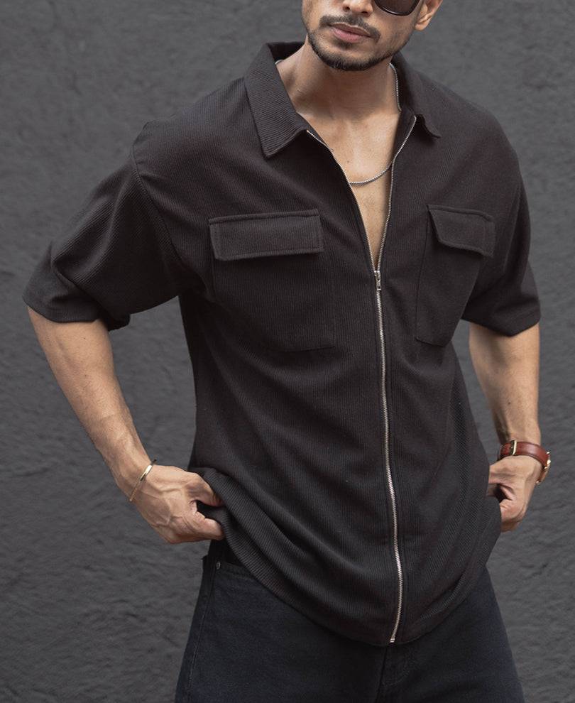 Black Oversized Half Sleeves Shirt With Zip Buy @ ₹999