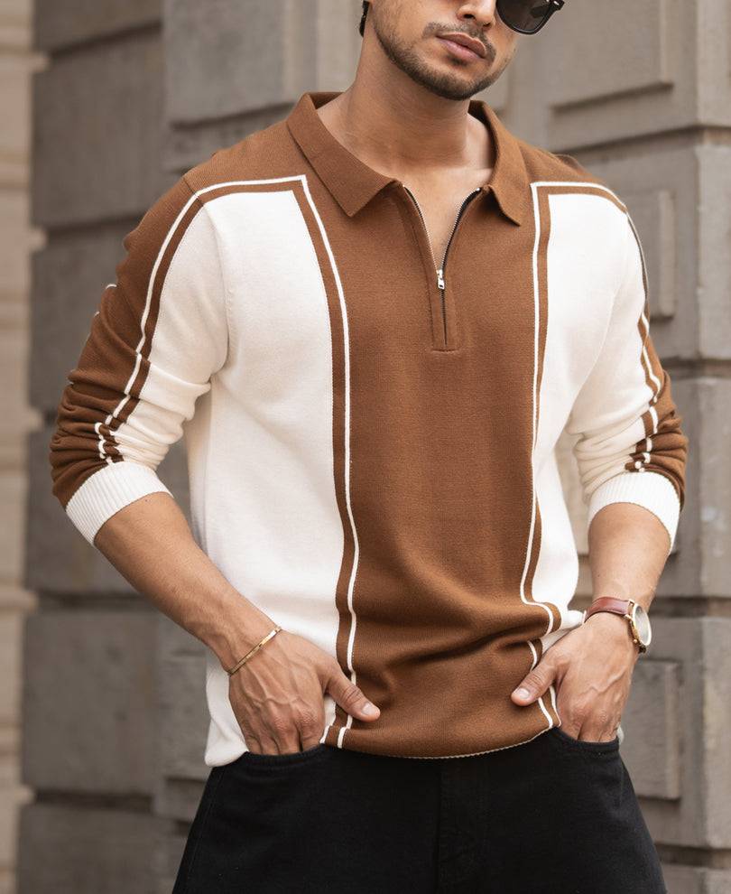Brown-White Colour Blocked Polo T-Shirt Buy @ ₹1299