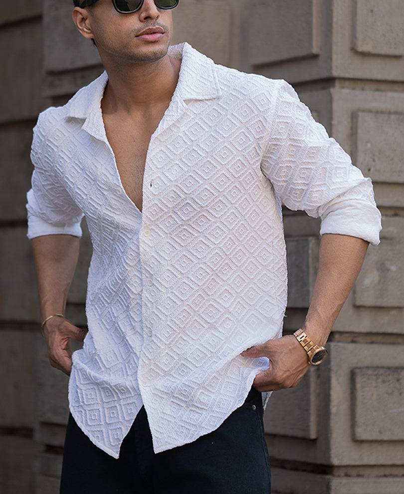 White Geometric Jacquard Shirt Buy @ ₹999