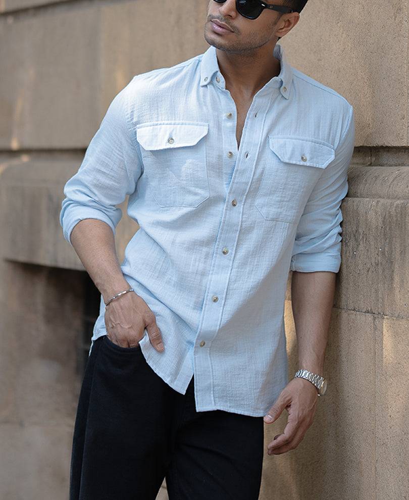 Sky Blue Double Pocket Regular Fit Full Sleeves Shirt Buy @ ₹599