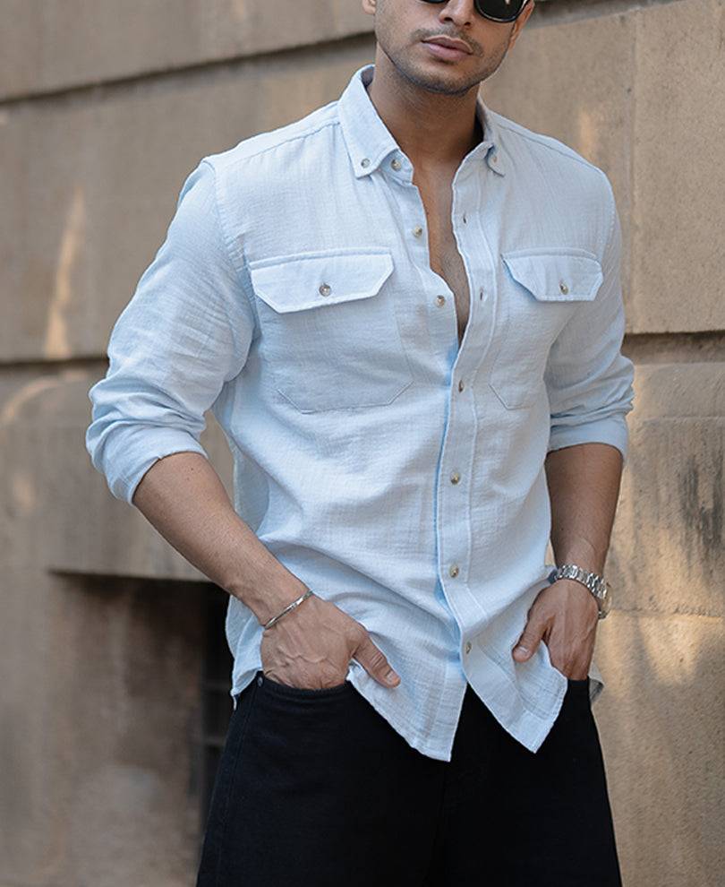 Sky Blue Double Pocket Regular Fit Full Sleeves Shirt Buy @ ₹599