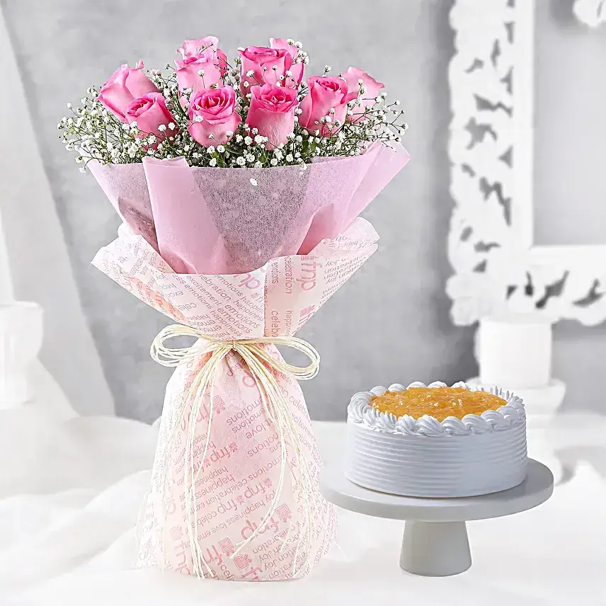 Dreamy Pink Roses Bouquet & Pineapple Cake