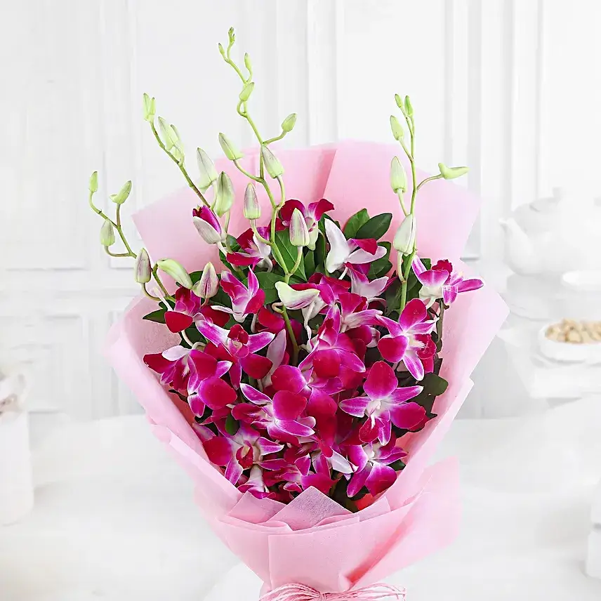 Dreamy Violet Whispers Orchids Bouquet & Black Forest Combo