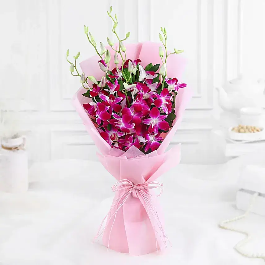 Dreamy Violet Whispers Orchids Bouquet & Black Forest Combo