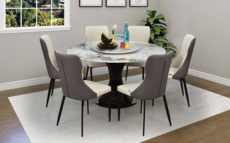 Royaloak Augusta Italian Natural Stone With 5D Printed Top Round Dining Set 6 Seater