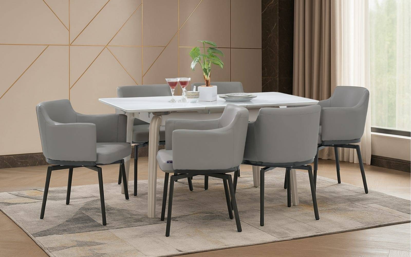 Royaloak Johor Malaysian Glass Extendable Dining Table & Royaloak Turin Italain Dining Chair Set