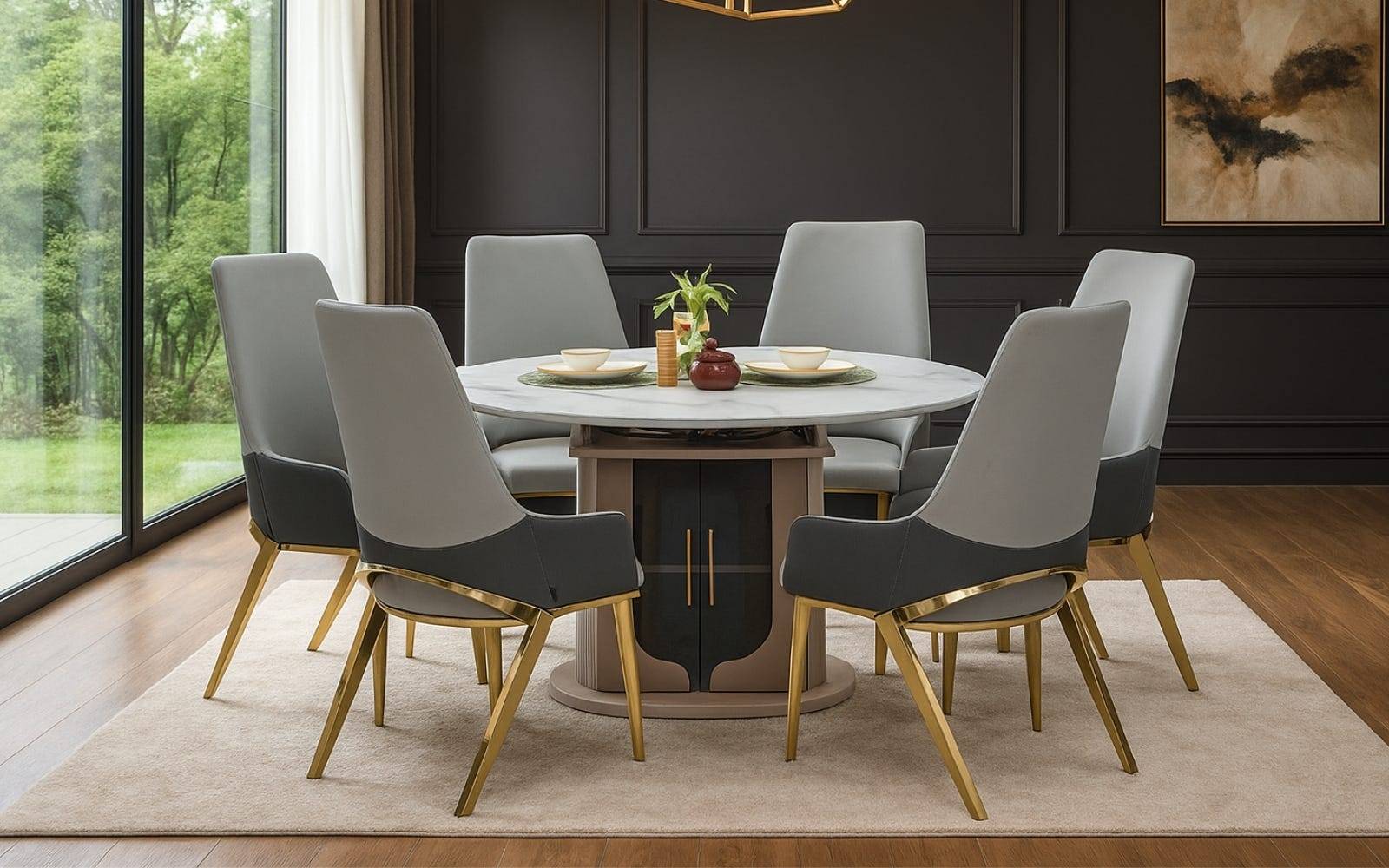 Royaloak Dallas American Extendable Glass Dining Table Six Seater With Inbuilt Cooktop & Royaloak Zurich Italian Dining Chair Set