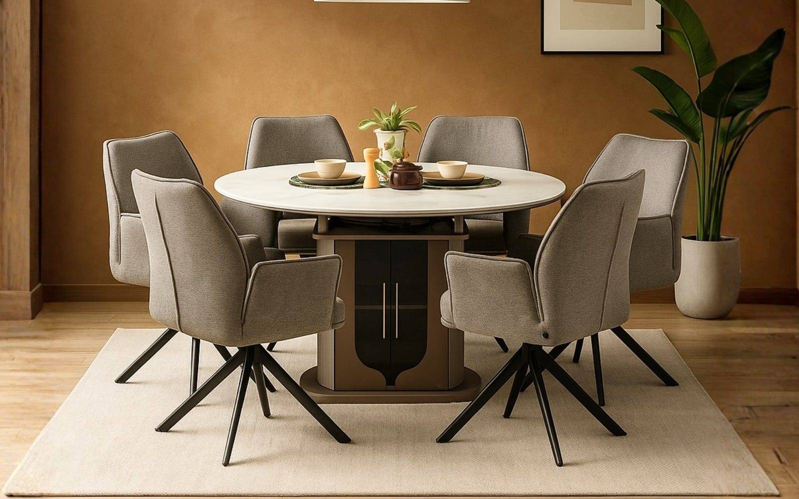 Royaloak Dallas American Extendable Glass Dining Table Six Seater With Inbuilt Cooktop & Royaloak Dallas American Upholstered Dining Chair Set