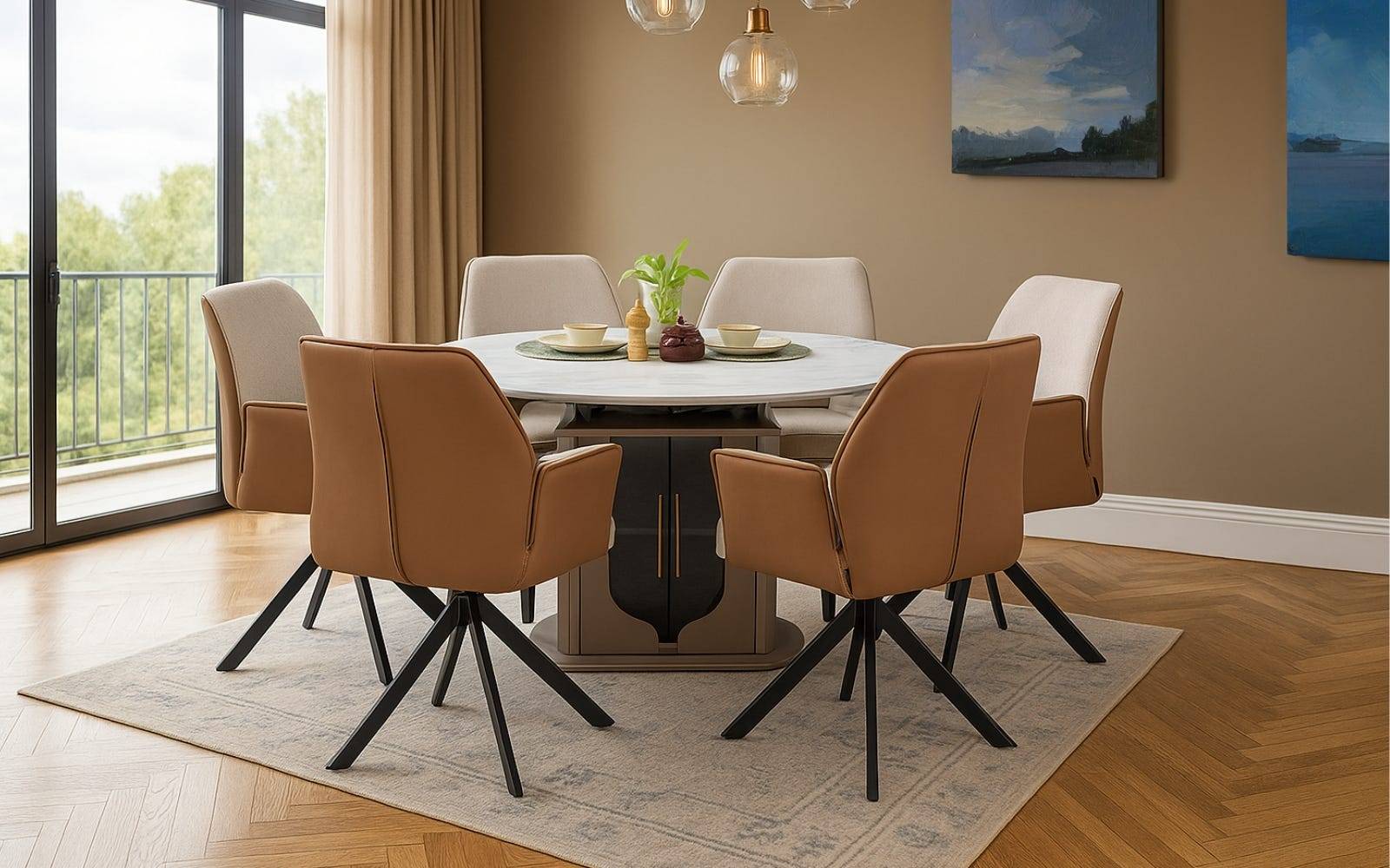 Royaloak Dallas American Extendable Glass Dining Table Six Seater With Inbuilt Cooktop & Royaloak Dallas American Leatherette Dining Chair Set