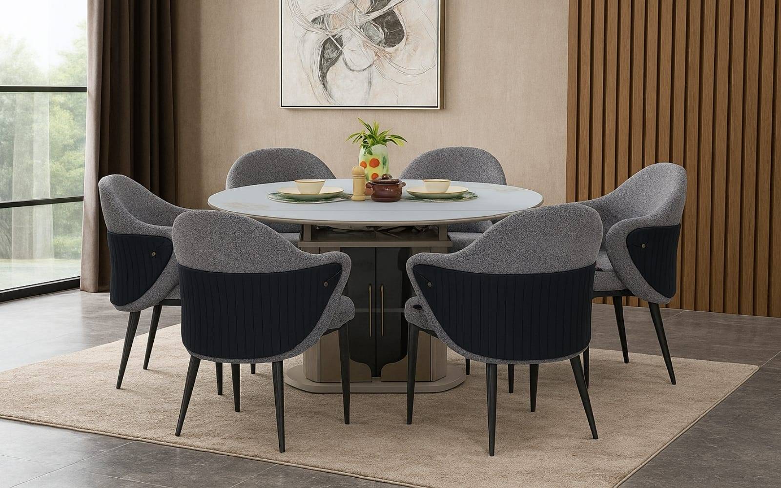 Royaloak Dallas American Extendable Glass Dining Table Six Seater With Inbuilt Cooktop & Royaloak Seattle American Dining Chair Set