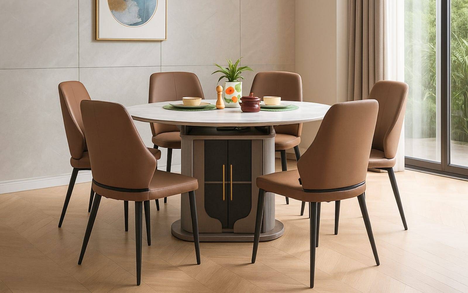 Royaloak Dallas American Extendable Glass Dining Table Six Seater With Inbuilt Cooktop & Royaloak Muar Malaysian Dining Chair Set