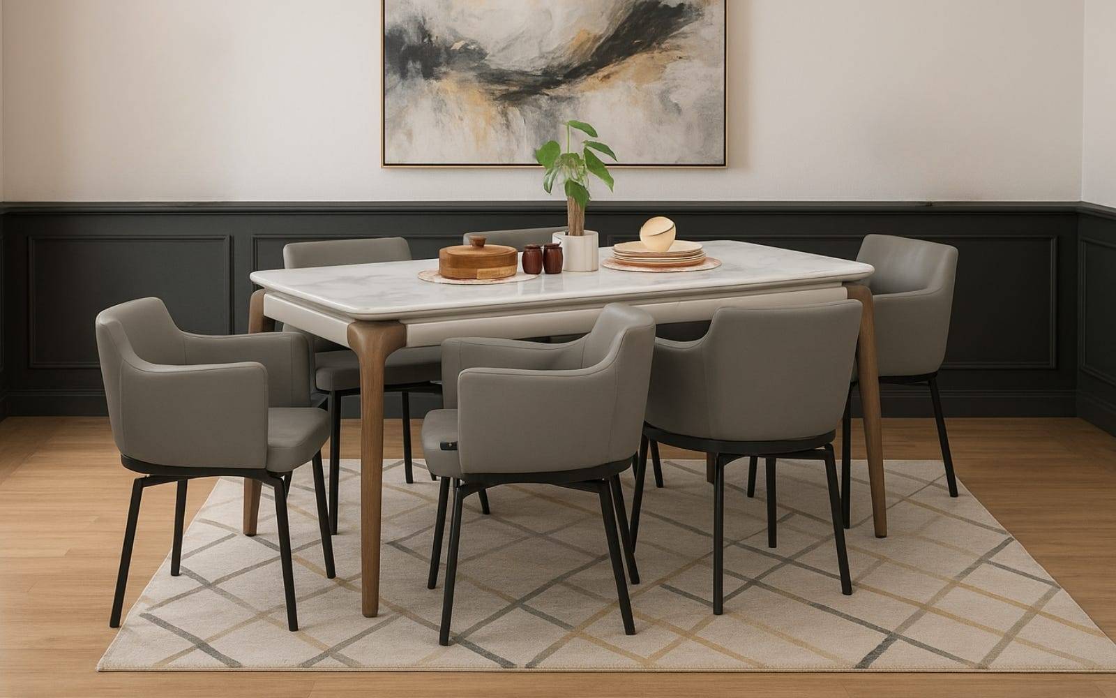 Royaloak Verona Italian 5D Natural Stone Dining Table Six Seater & Royaloak Turin Italian Dining Chair Set