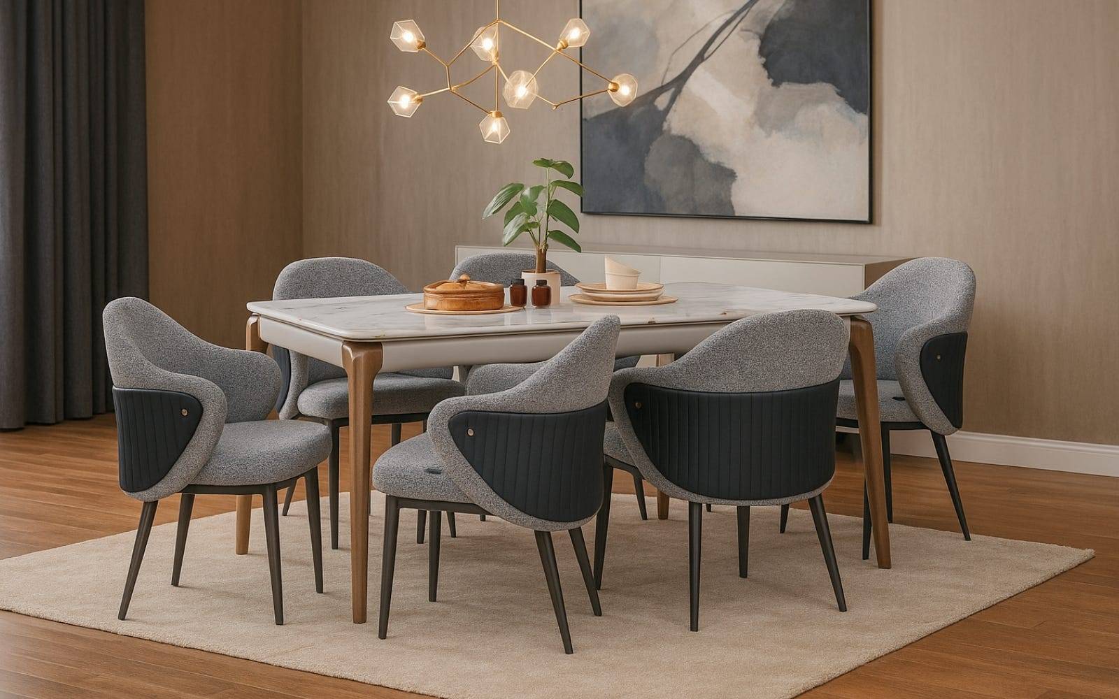 Royaloak Verona Italian 5D Natural Stone Dining Table Six Seater & Royaloak Seattle American Dining Chair Set