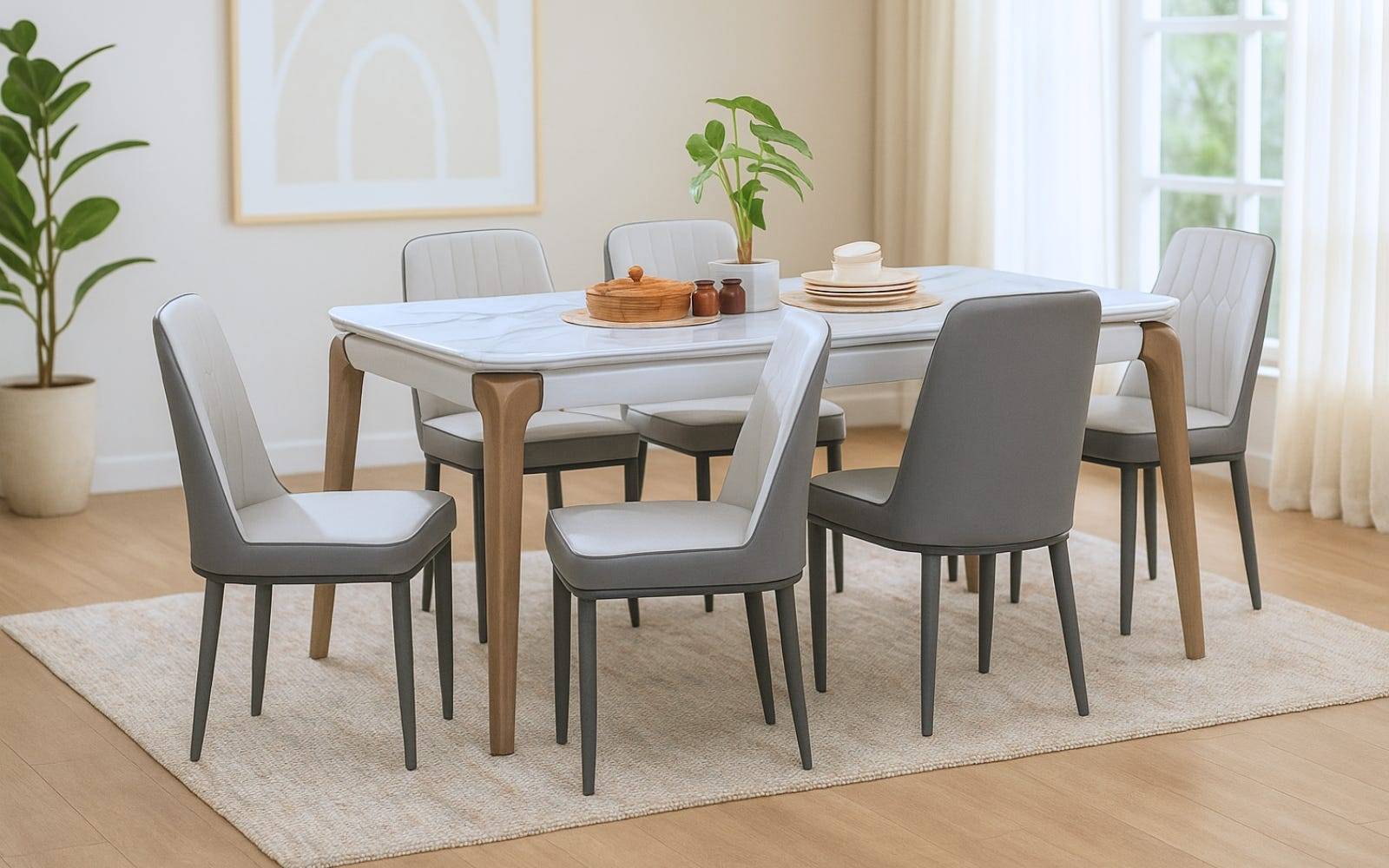 Royaloak Verona Italian 5D Natural Stone Dining Table Six Seater & Royaloak Sepang Malaysian Dining Chair Set