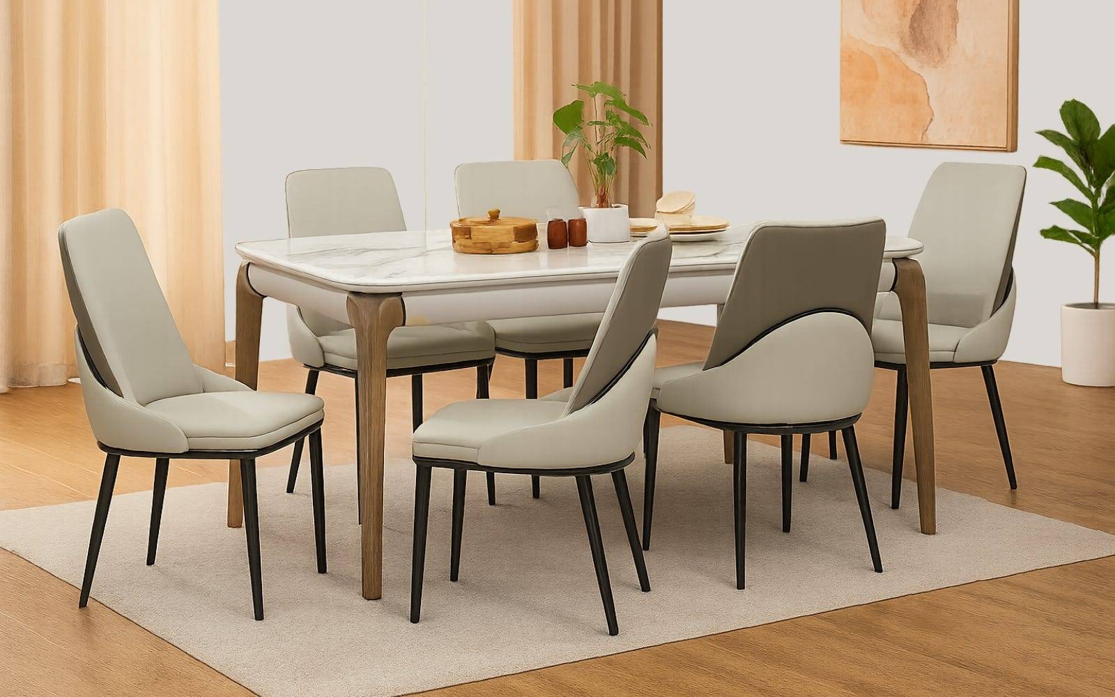 Royaloak Verona Italian 5D Natural Stone Dining Table Six Seater & Royaloak Pheonix American Dining Chair Set