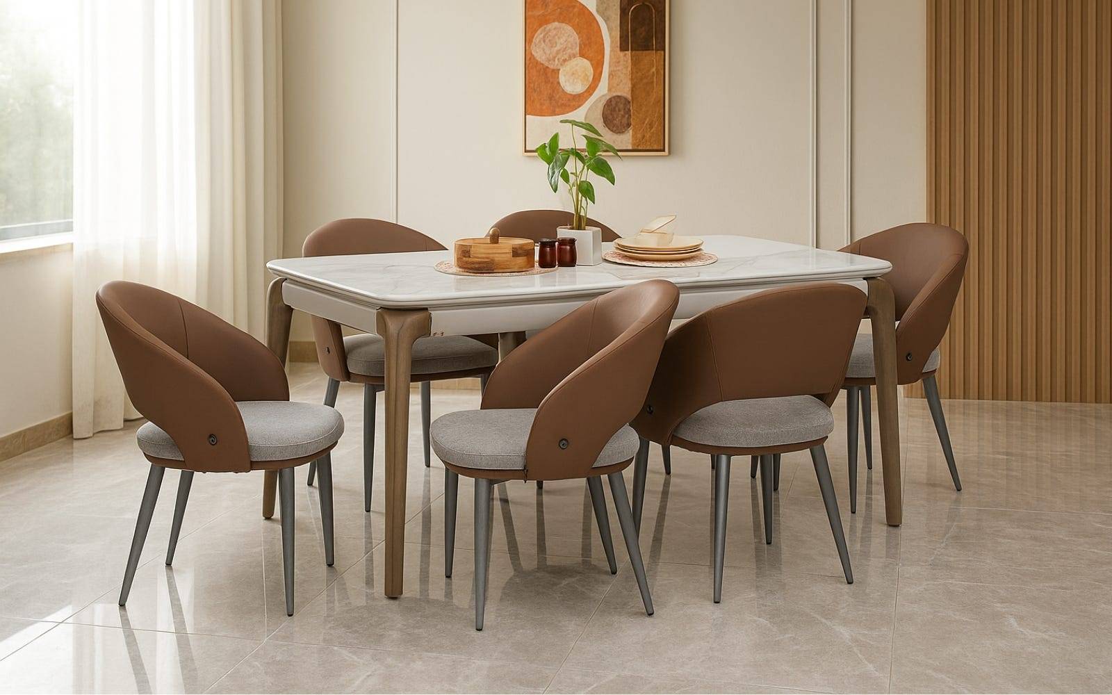 Royaloak Verona Italian 5D Natural Stone Dining Table Six Seater & Royaloak Verona Italian Dining Chair Set