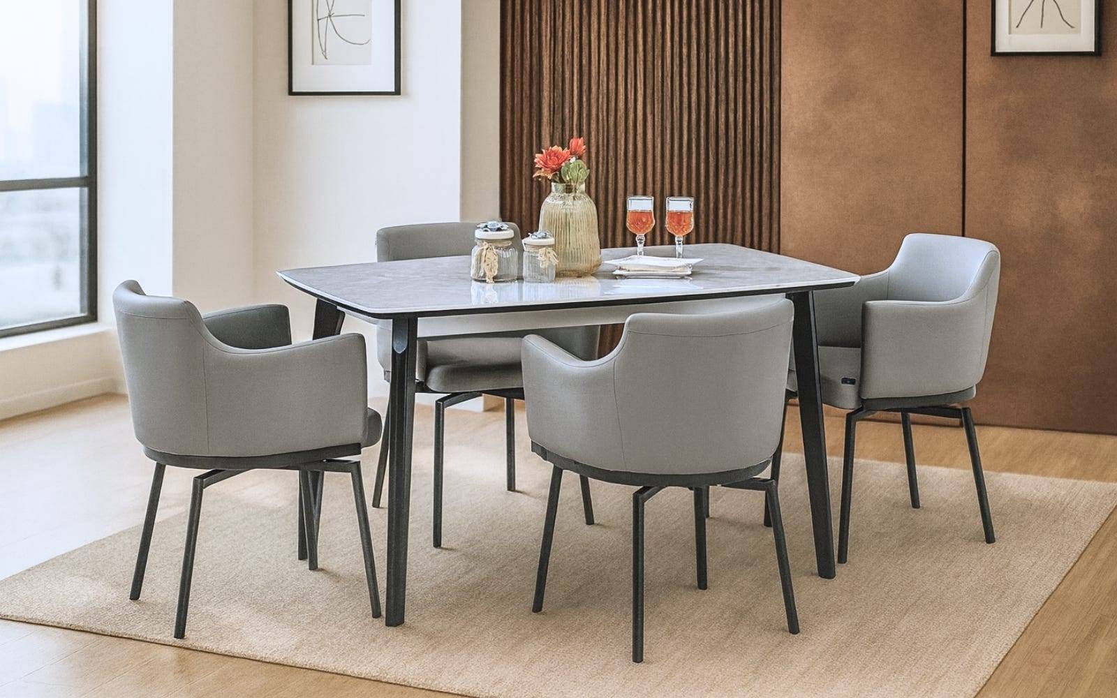 Royaloak Penang Malaysian Sintered Top Dining Table & Royaloak Turin Italian Dining Chair Four Seater Set