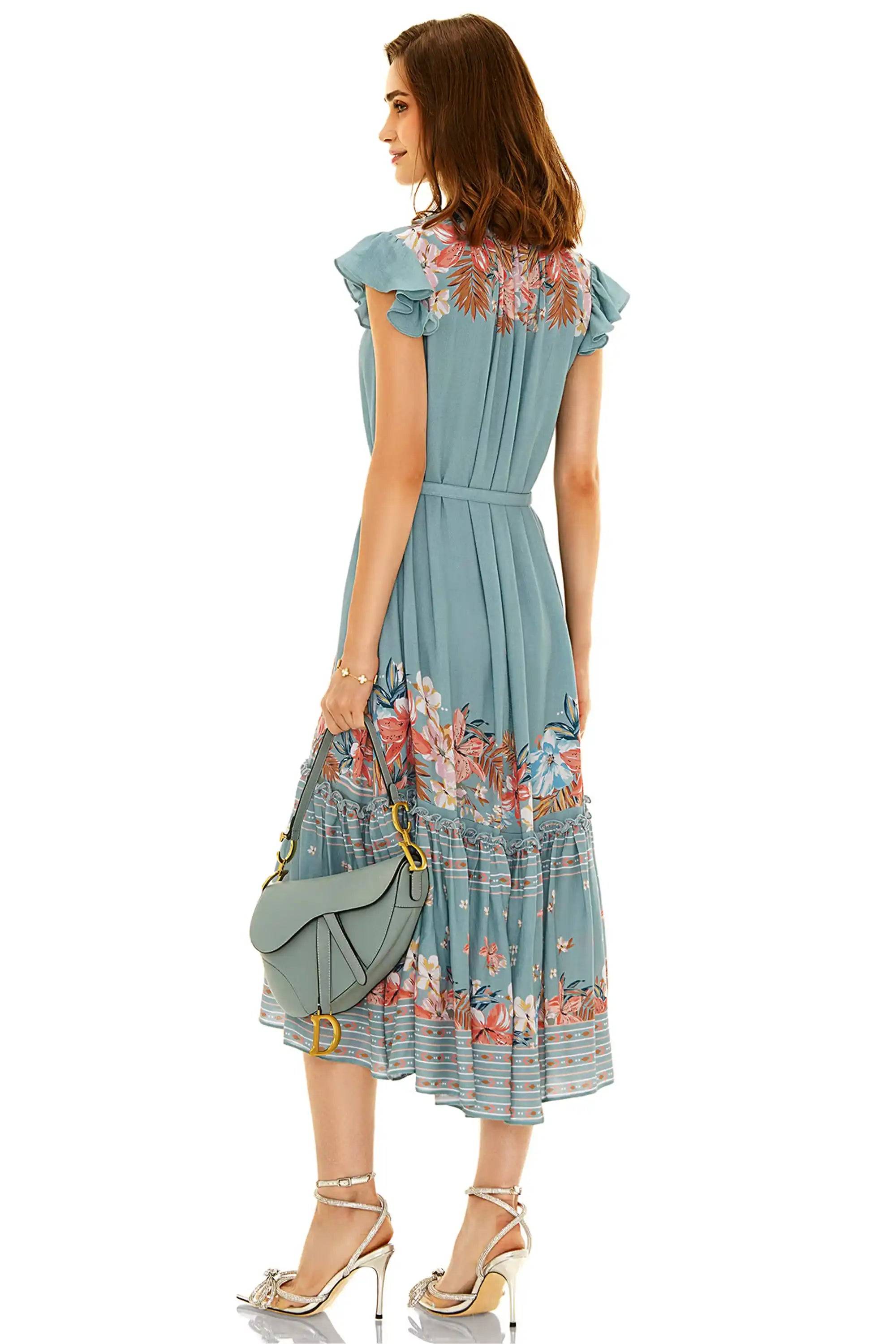 Dusty Teal Flutter-Sleeve Belted Midi Dress