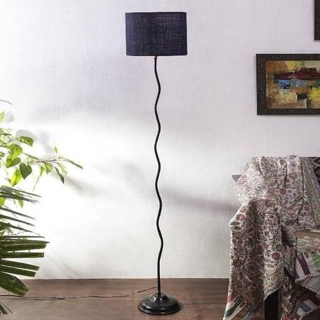 Kaine Blue Natural Fiber Floor Lamp with Black Iron Base