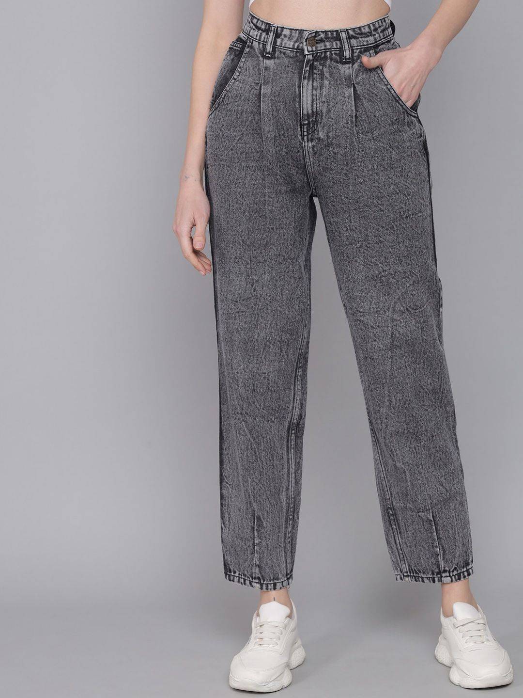 Kotty Women Grey Jean Mom-Fit High-Rise Heavy Fade Pure Cotton Jeans