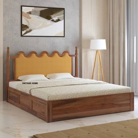 Tavora Sheesham Wood Queen Size Bed With Box Storage In Provincial Teak Finish