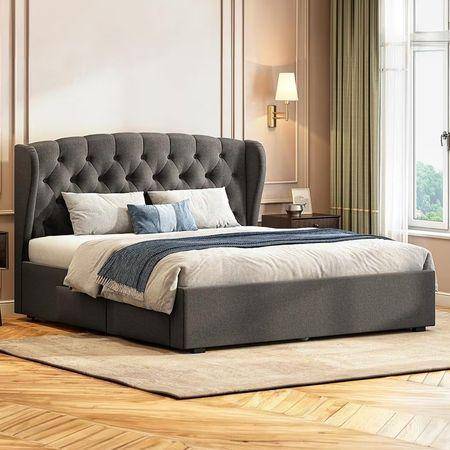Holmebrook Engineered Wood Queen Size Drawer Storage Upholstered Bed In Urban Grey Colour