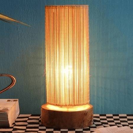 Baileigh Beige Bamboo Shade Table Lamp with Natural Wooden Base