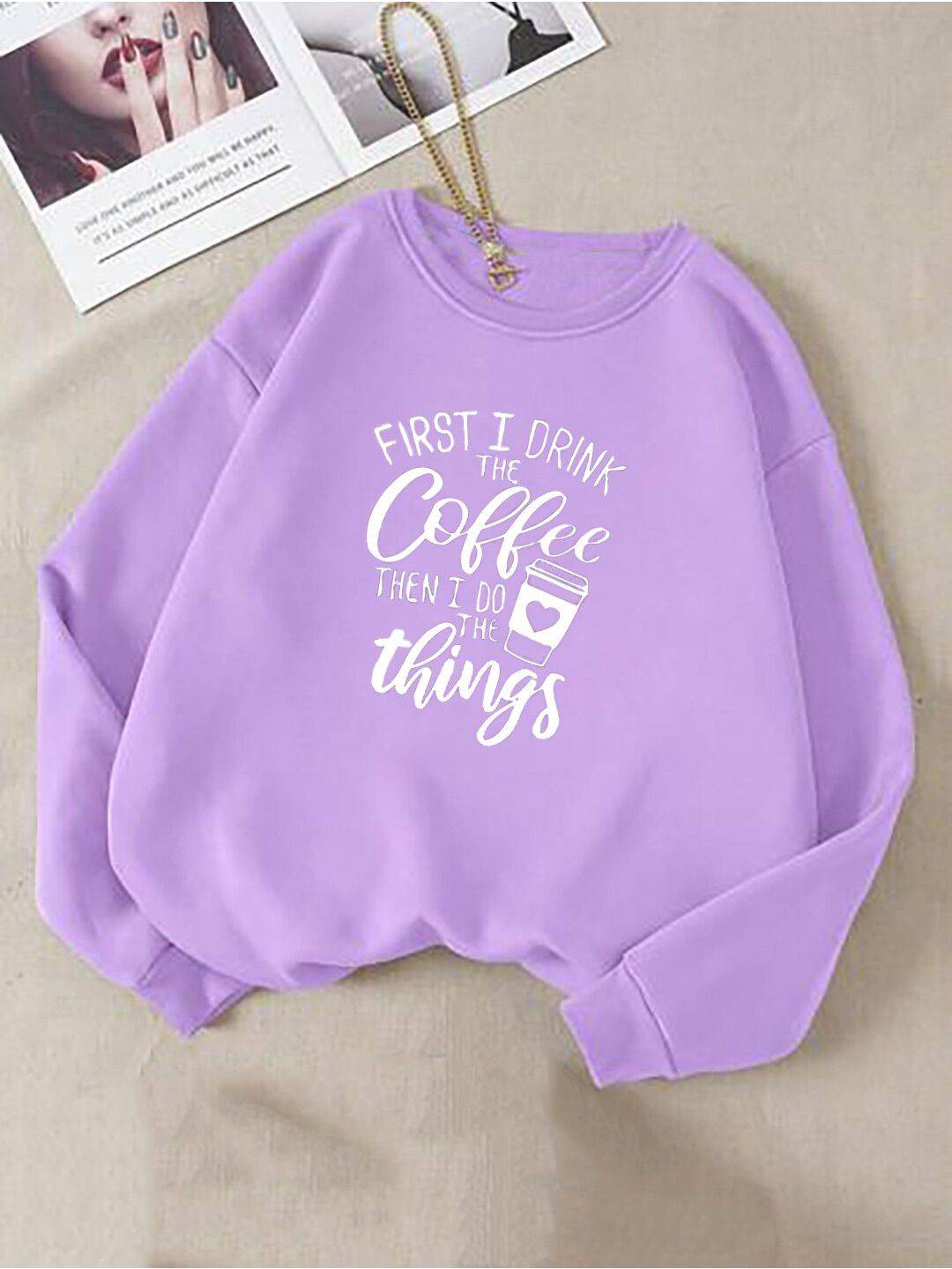 Kotty Typography Printed Round Neck Fleece Pullover Sweatshirt