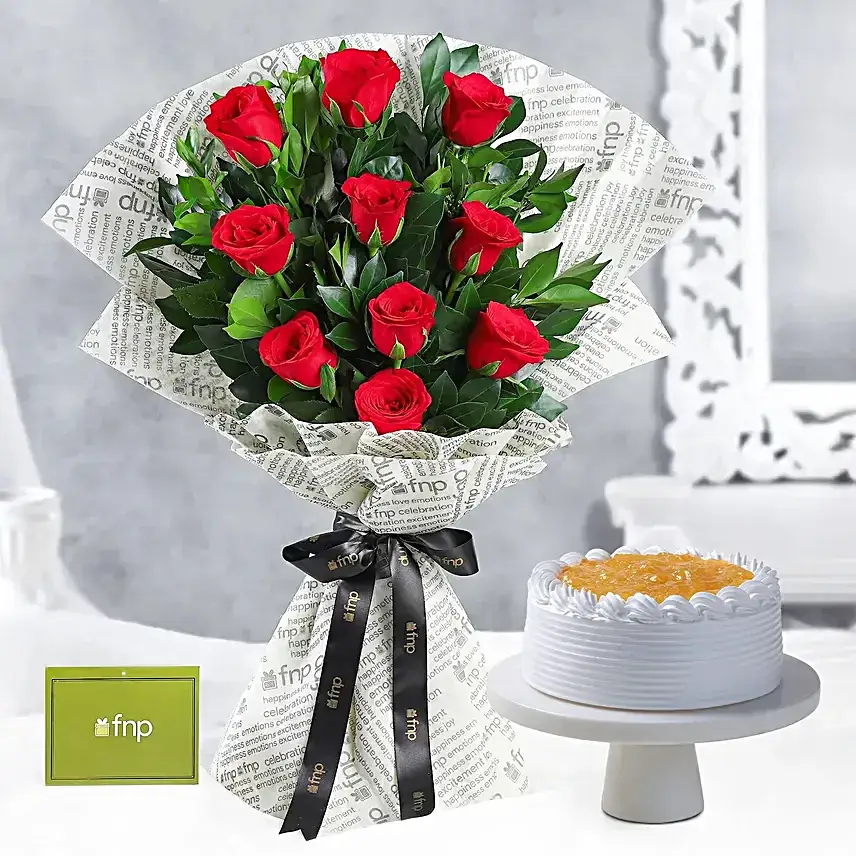Elegant Vibe Red Roses Bouquet & Pineapple Cake
