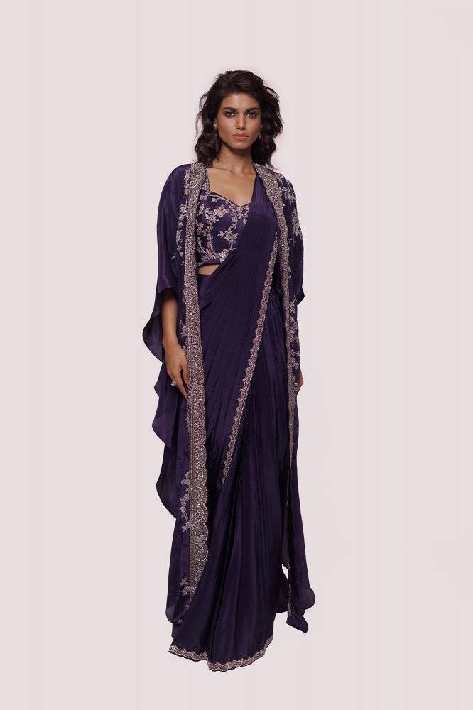 Embellished Purple Drape Saree with Kaftan Jacket Buy at ₹34495