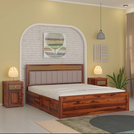 ShambhuSheesham Wood King Size Bed In Honey Oak Finish With Hydraulic Storage (72 x 78 inches)