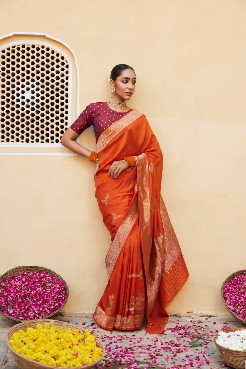 Kuhoo-Orange Banarasi Silk Saree Buy at ₹27000