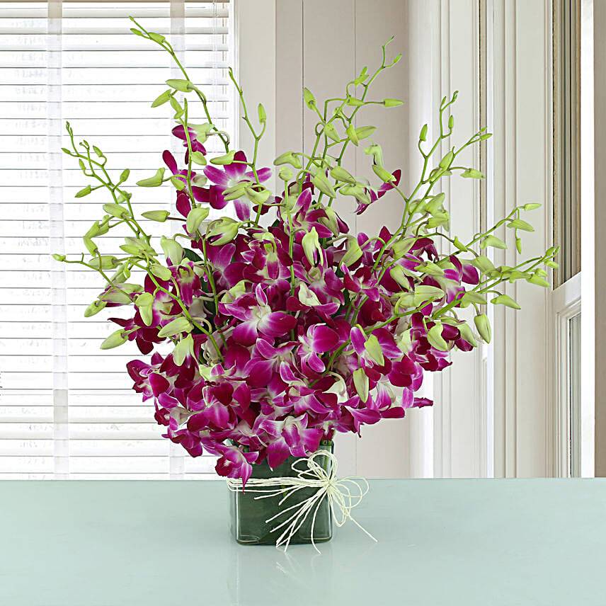 Purple Orchids Glass Vase Arrangement