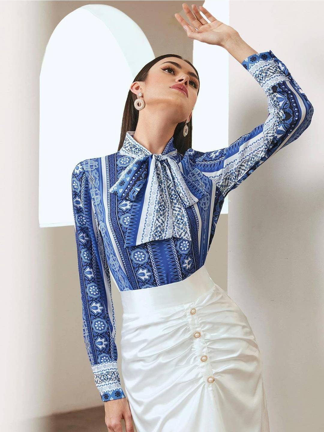 Kotty Floral Printed Tie-Up Neck Crepe Shirt Style Top