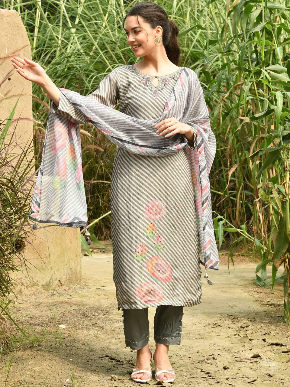 Faeezah Elegant Grey Printed Silk Suit Set Buy @ ₹4038