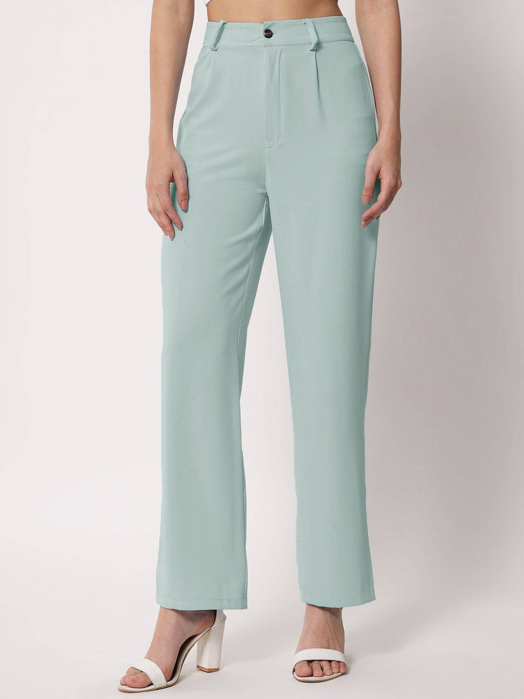 KOTTY BIZwear Women Green Relaxed Straight Leg Straight Fit High-Rise Trousers